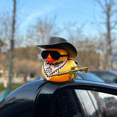 Cowboy Hat Ducks Trendy Car Dashboard Decoration Rubber Duck Office Car Decoration Ornament Black Duck with Sunglasses Necklace