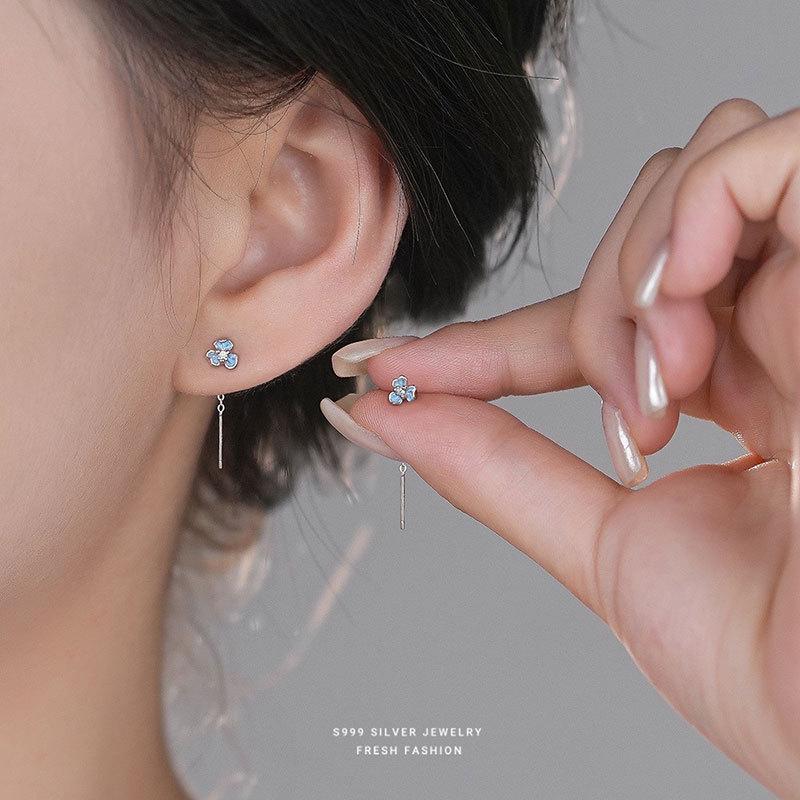 S999 Pure Silver Iris Ear Thread Earrings with Blue Zircon Flower Design