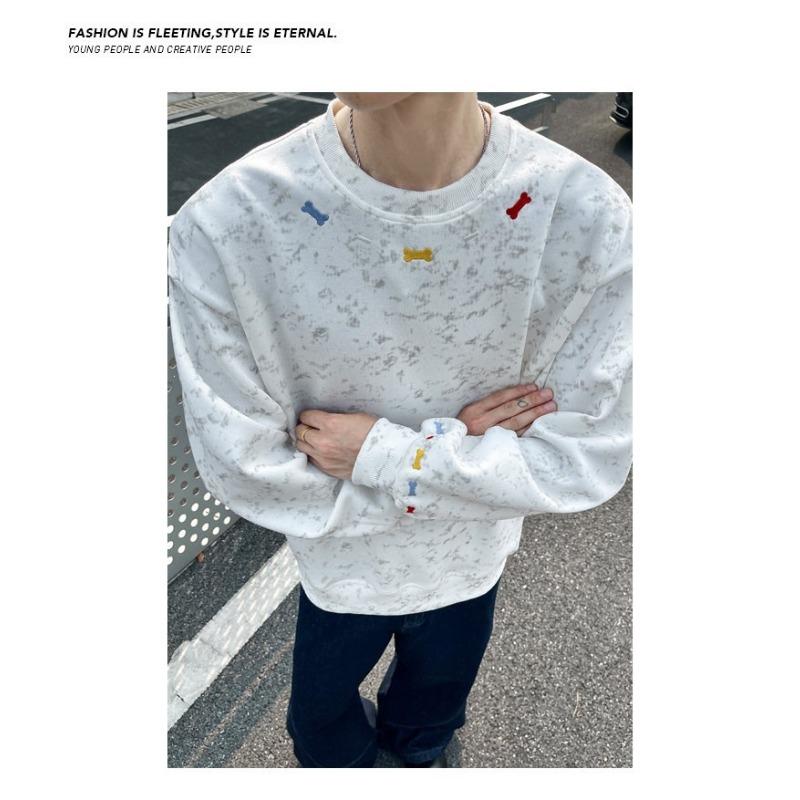 Men S Loose Fit Embroidered Crew Neck Pullover Sweatshirt Plus Size