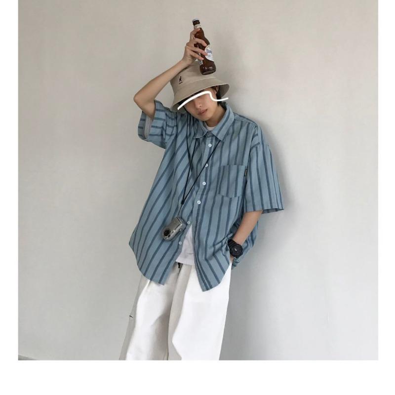 Men's Casual Loose Striped Shirt Oversized Half Sleeve Button Down Cotton Blend Top