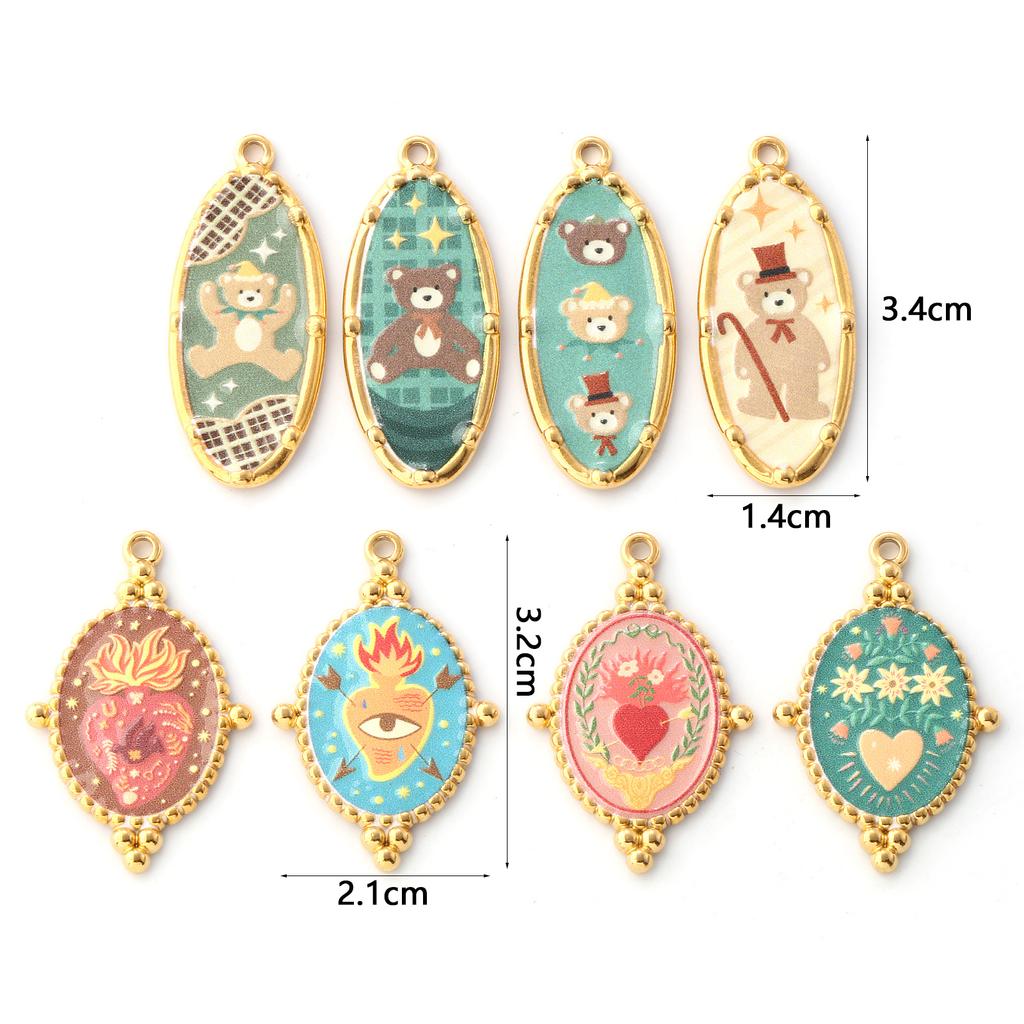 1PC Bear Heart Printed 304 Stainless Steel Pendants 18K Gold Plated Multicolor Enamel Charms Making Necklace  Jewelry Findings