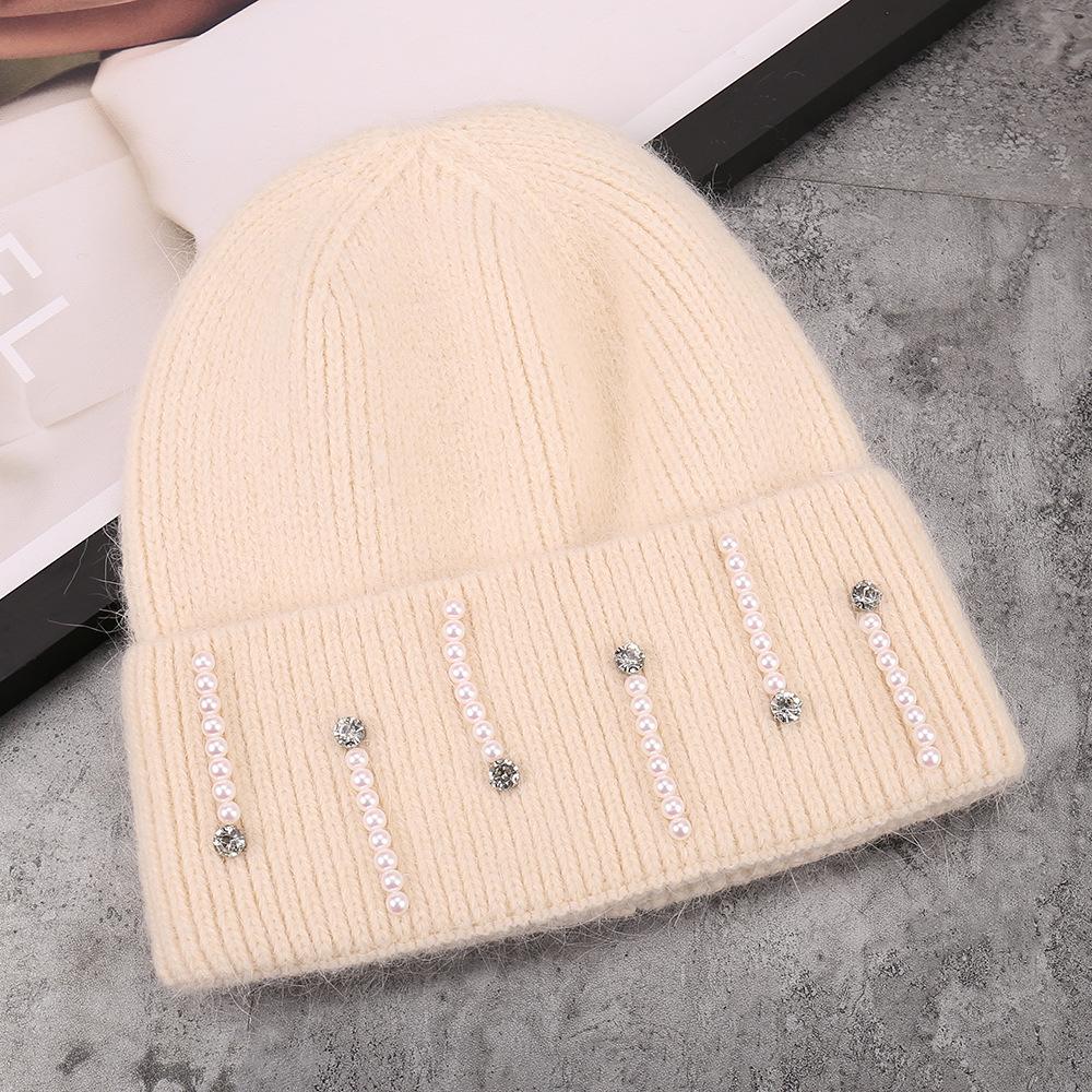 Autumn and winter new fashion rabbit hair blended rhinestone pearl installation versatile knitted hat outdoor simple warm wool hat
