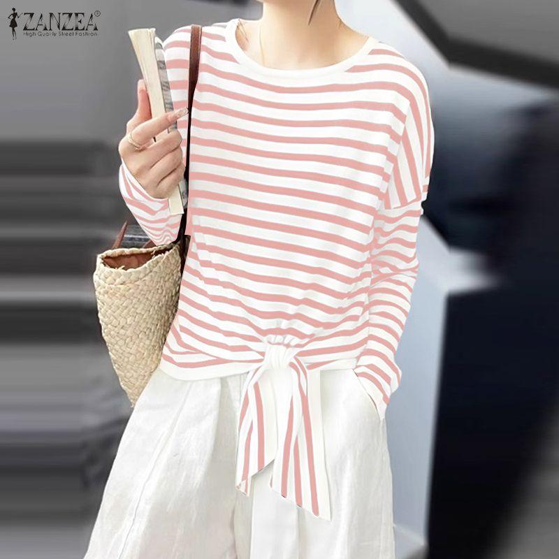 ZANZEA Women Casual Round Neck Loose Long Sleeve Stripe Blouse