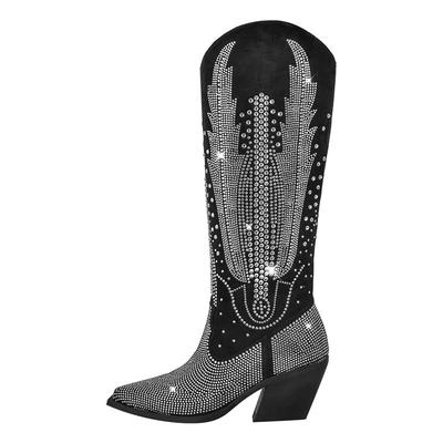 Fashion Handmade Hot Rhinestone Retro Western Cowboy Boots European American Women Performance Runway Fashion Thick Heel Knee High Boots