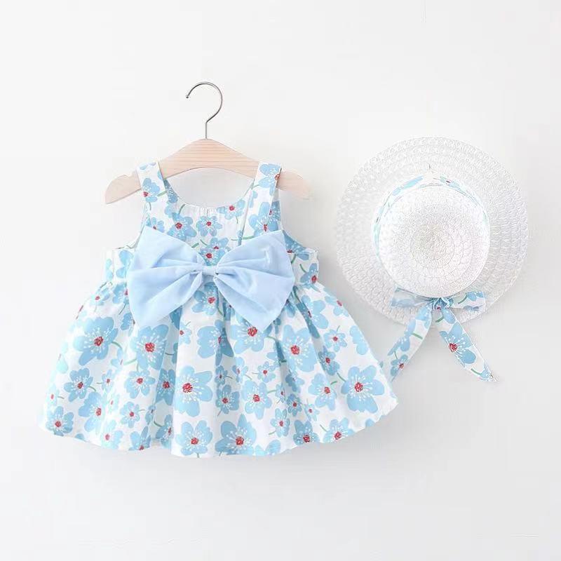 A749 Summer Baby Girl Princess Dress with Big Bow & Flower Skirt, Includes Hat, for Ages 1-4