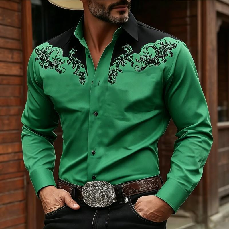 Stylish Men's Baroque Floral Embroidered Western Shirt, Satin Feel Slim Fit Button Up Blouse
