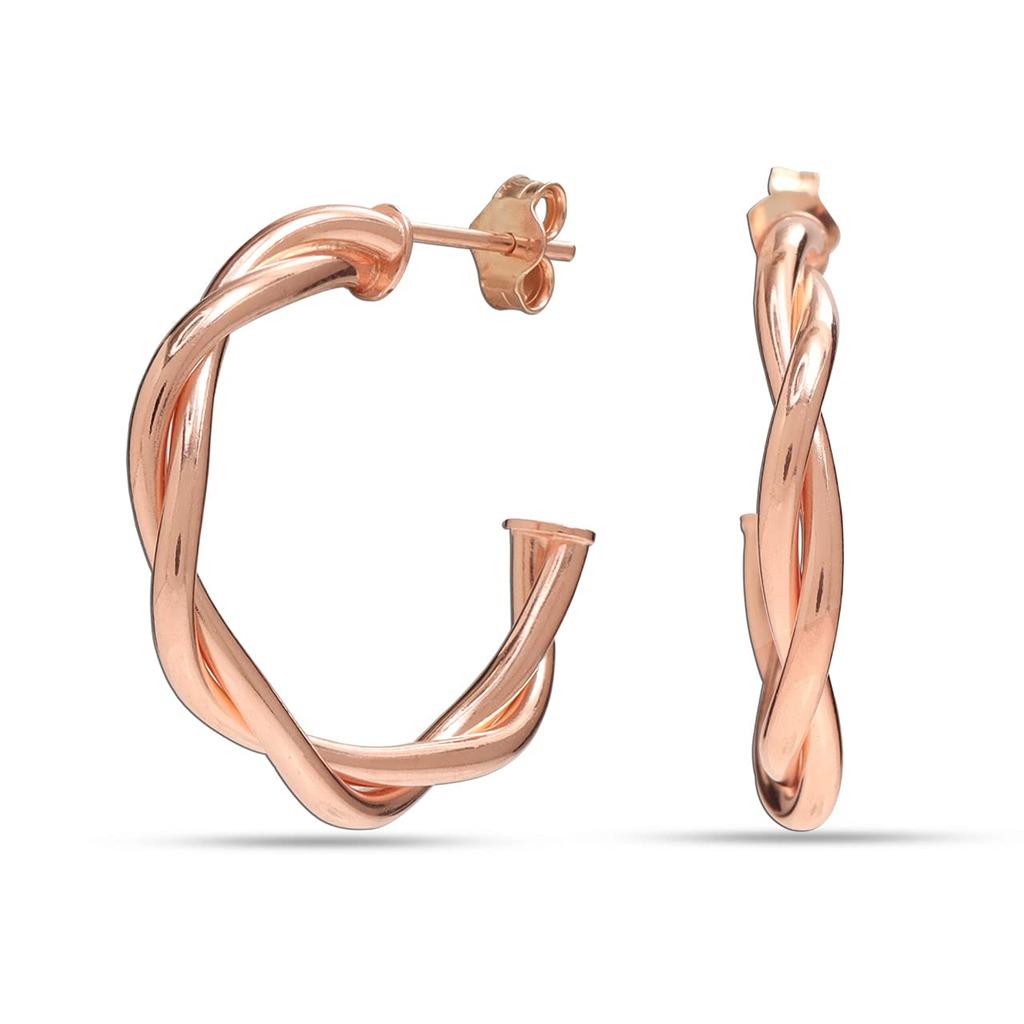 Ekte 925 sterlingsølv smykker Rose-gullbelagte vridde italienske bøyleøreringer for kvinner 25 MM