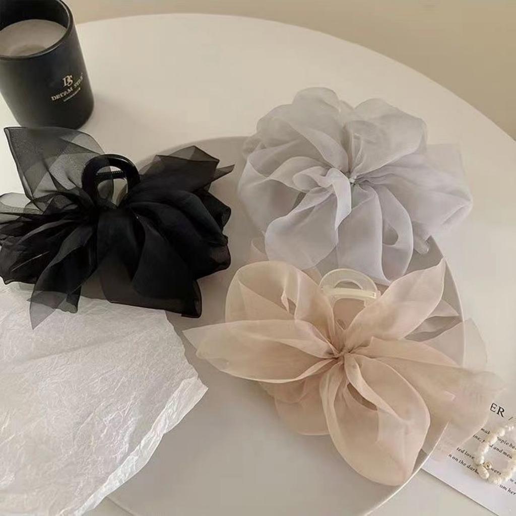 Fashion Mesh Tulle Large Bow Grab Clip Elegant Retro Female Net Yarn Ponytail Braid Claw Clip Hair Accessories Gift Headdress