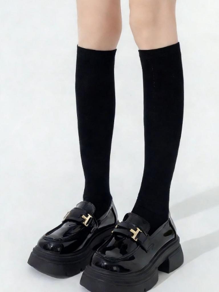 1 Pc Classic Black Velvet Calf Socks, Durable Breathable Hosiery Ideal For Jk Uniforms & Loafer Matching