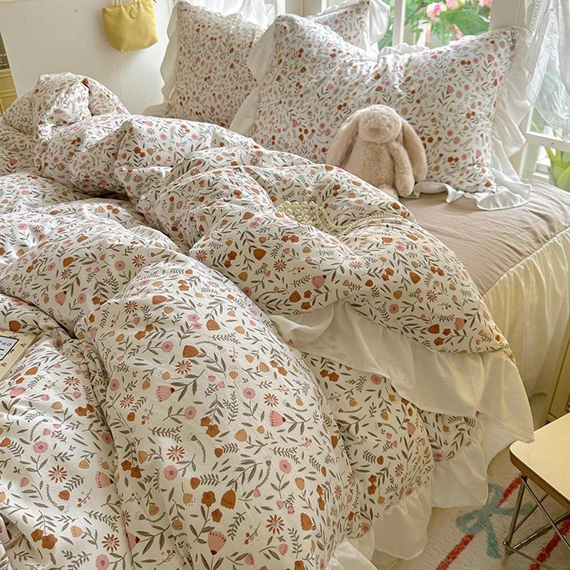 Small Fresh Pure Cotton Four-piece Set Lace Korean Version Princess Style Washed Cotton Bed Skirt Quilt Cover Cream Style Bedding