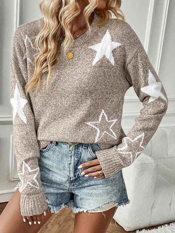 Women's Autumn Star Pattern Long Sleeve Round Neck Pullover Sweater