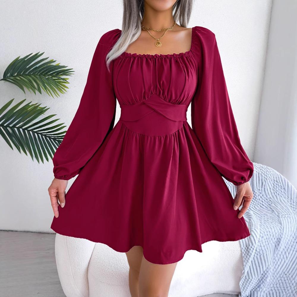 

Весенне-летнее повседневное однотонное платье с деревянными серьгами, квадратным вырезом и завышенной талией, с большим подолом. Модные повседневные женские платья XL бордовый