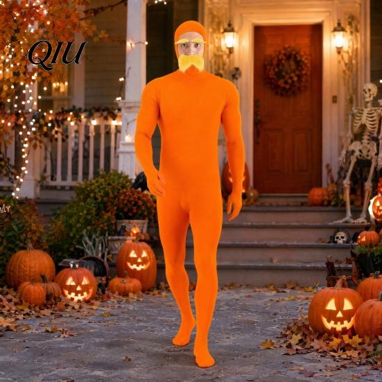 Reading Day Costume Face Open Halloween Costume, Unisex Full Body Orange Bodysuit with Beard Fun Family Eyebrows for Men Women, Adult Stretchy Cosplay