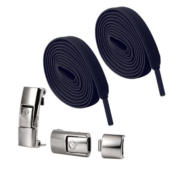 

2 шт. Шнурки без завязывания Сверхпрочные Быстросъемные с Кнопочным Замком Ленивые Шнурки для Обуви с Металлической Пряжкой-Зажимом для Детей Взрослых Пожилых темно-синий