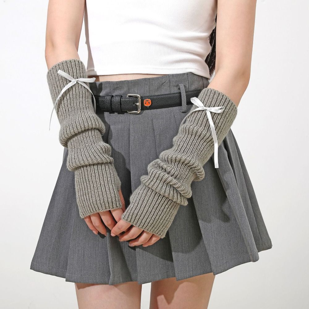 Fashion Y2K Long Wrist Gloves Thicken Bowknot Arm Warmers Soft Solid Color Knitted Arm Sleeves Women