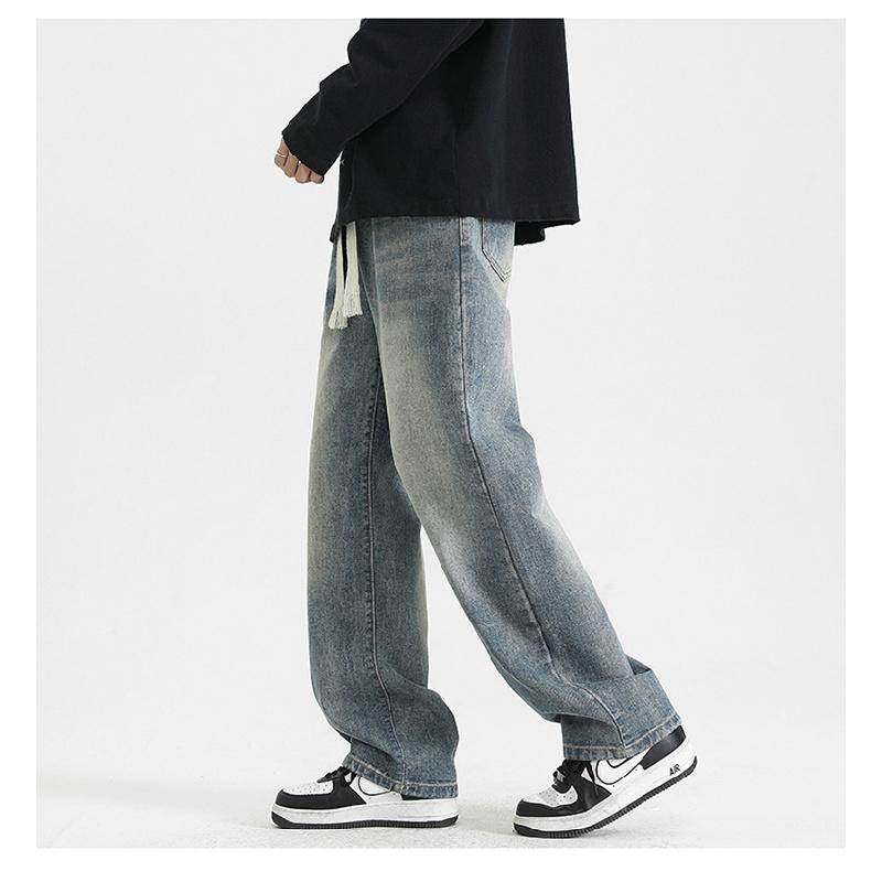 2026 New Vintage Drawstring Jeans for Men, Washed, Loose Fit, Versatile Workwear Trousers