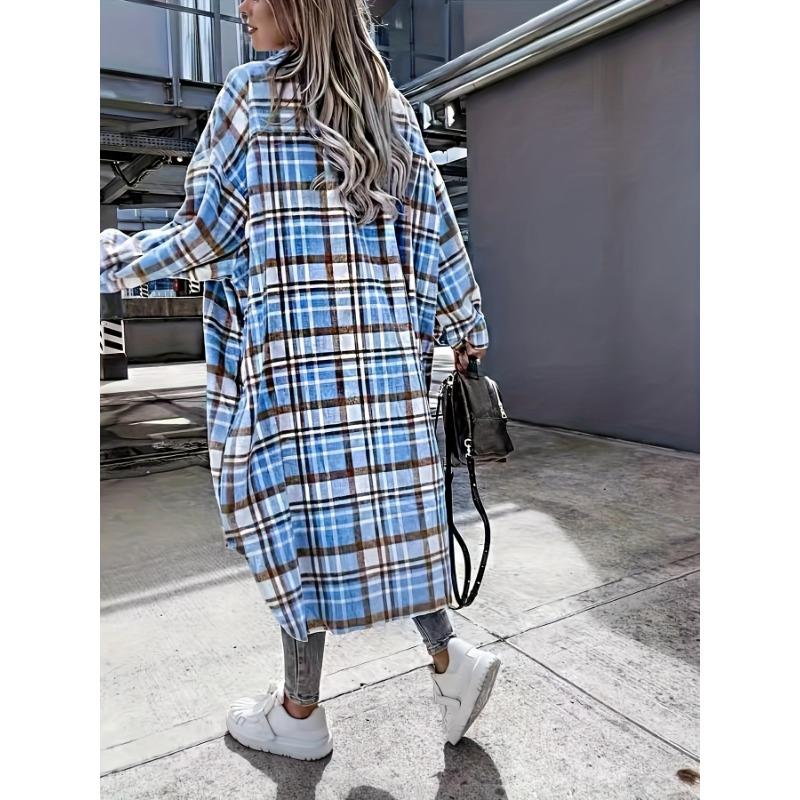 Stylish Plaid Print Womens Long Jacket - Relaxed Casual Button Front with Flap Pockets - Durable Outerwear for Everyday Fashion