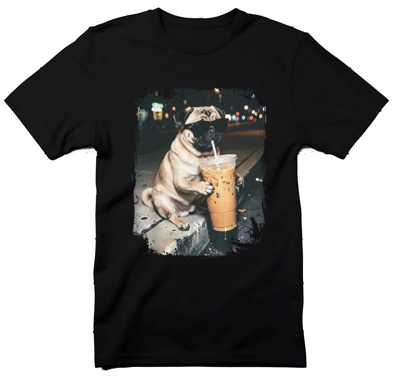 Pug Dog Iced Coffee T-Shirt, Cool Pug with Sunglasses Tee, Funny Coffee Lover L