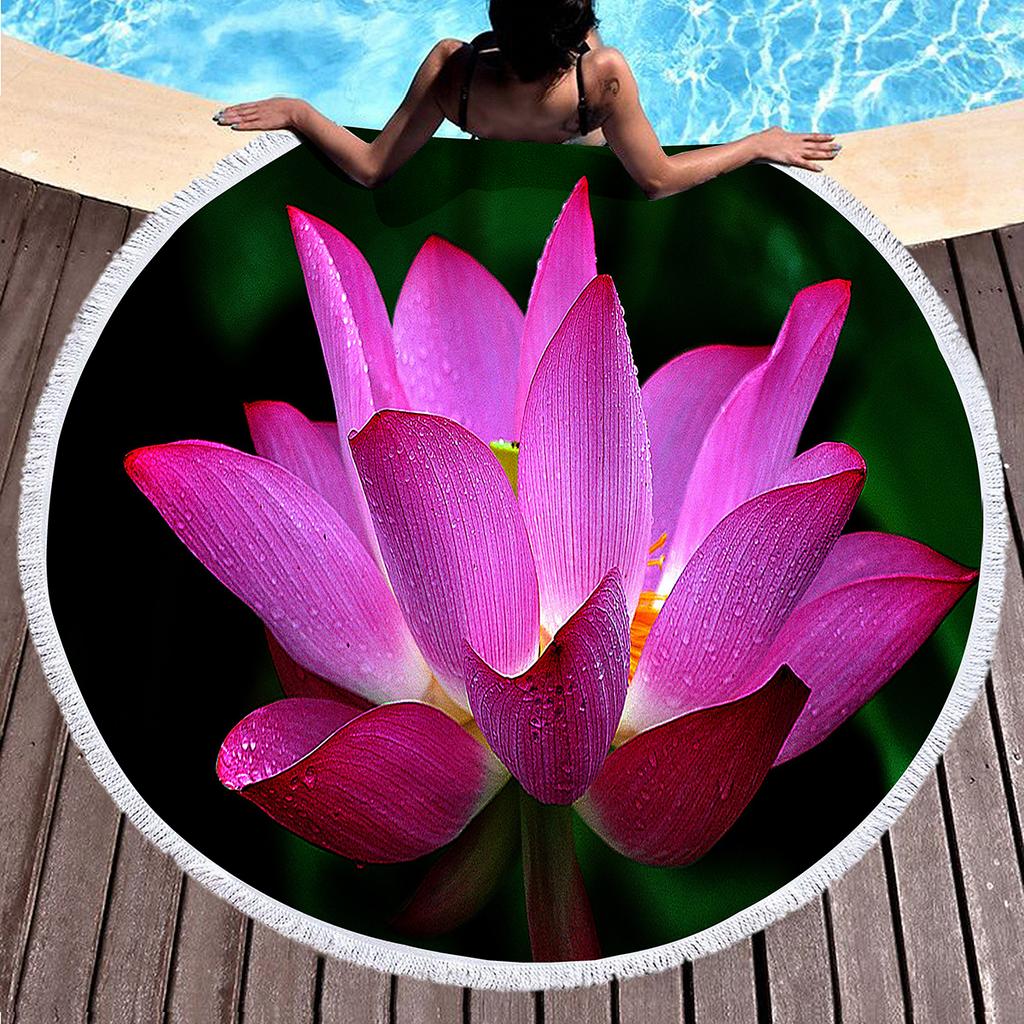 Lotus Pattern Round Beach Blanket, Microfiber Quick Dry Towel with Tassels for Picnic Bathroom Pool Surfing Outdoor Meditation