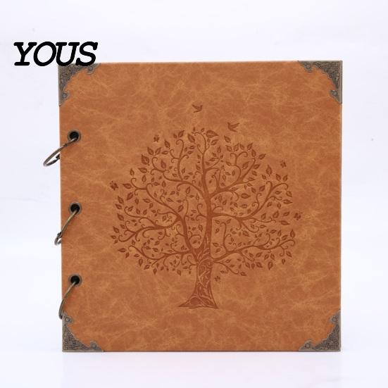 Tree of Life Embossed Cover DIY Scrapbook Album, Faux Leather Black Card Photo Album with Metal Corner Guard Ring Binding, Memory Book for Journaling,
