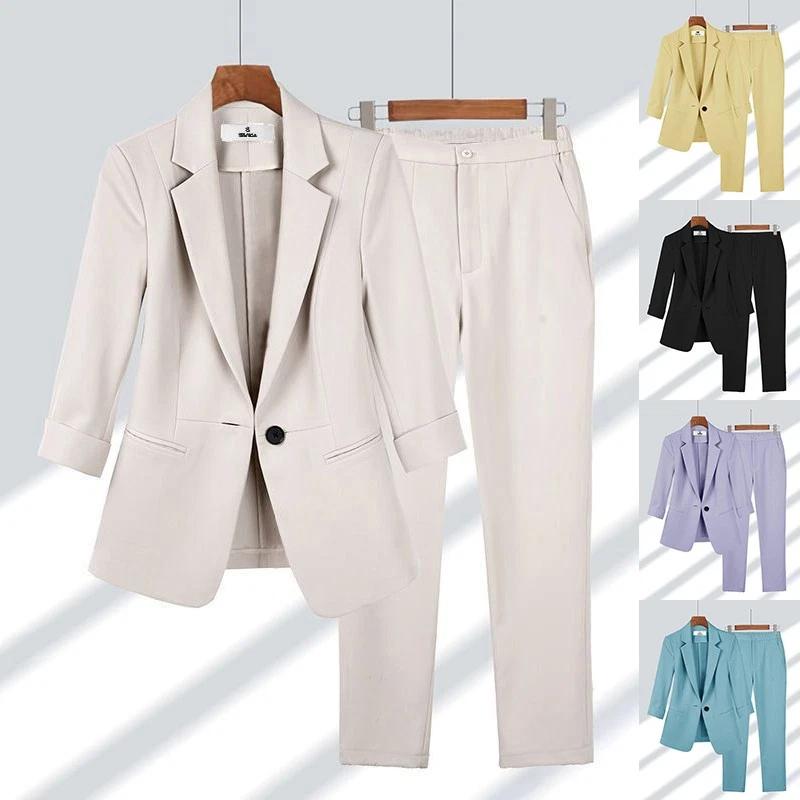 Women's Blazer Set 2pcs Business Suit Office Outfit Casual Jacket Pants