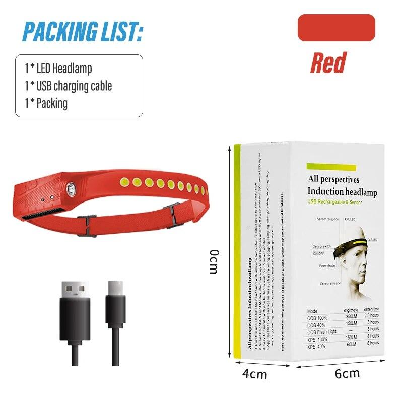 

Супер яркий светодиодный налобный фонарь для рыбалки, фонарик для кемпинга, перезаряжаемая лампа с датчиками, 4 режима освещения с боковым светом красный
