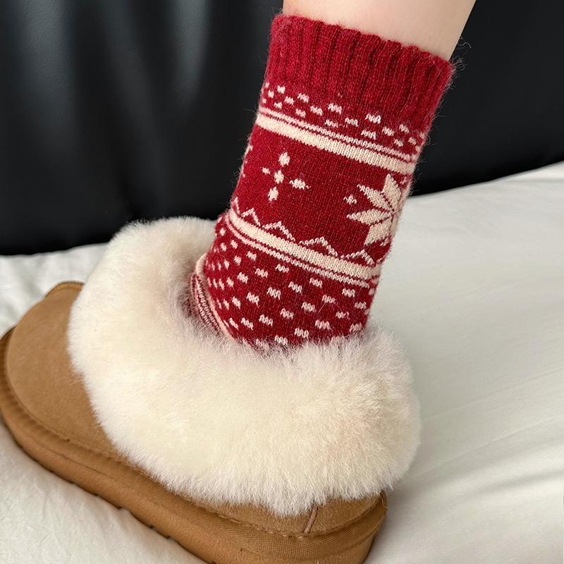 Rote Socken - Herbst/Winter Dicke und Warme Wollsocken mit Retro Fair Isle Doppelstrick Elastische Mittelhohe Socken