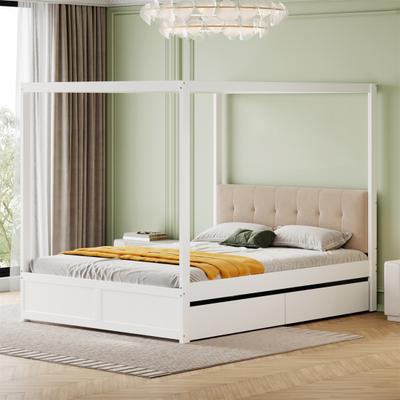 140x200cm Canopy Bed with Large Drawers and Soft Backrest, Four Poster Bed, White Wooden Bed, Strong Load Bearing