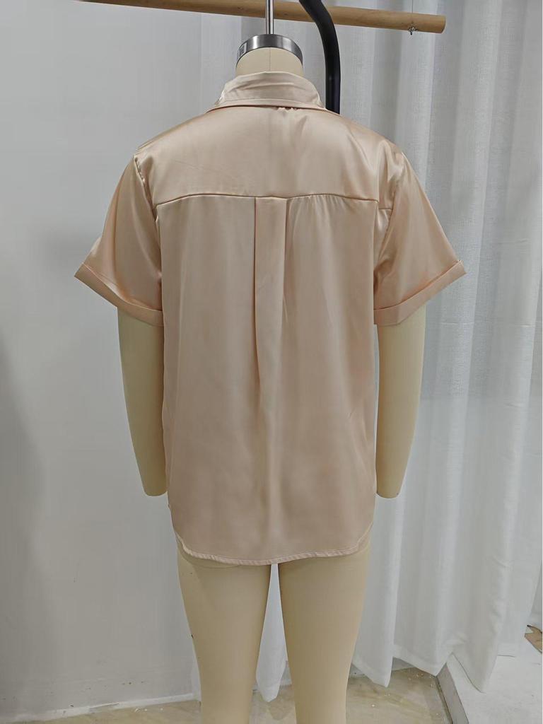 Women's Elegant V-Neck Satin Shirt – Short Sleeve, Imitation Silk, Solid Color, Perfect for Spring and Summer.