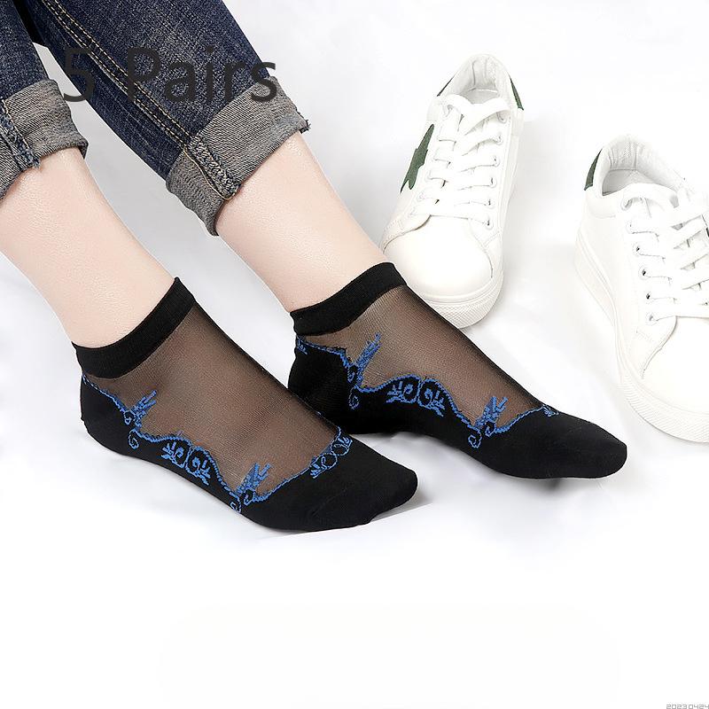5 Pairs of Women's Summer Embroidered Non Slip Cotton Bottom Glass Silk Socks