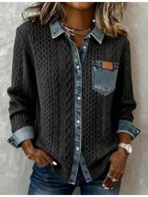 Dark Grey Knit Shirt with Denim Trim and Chest Pocket