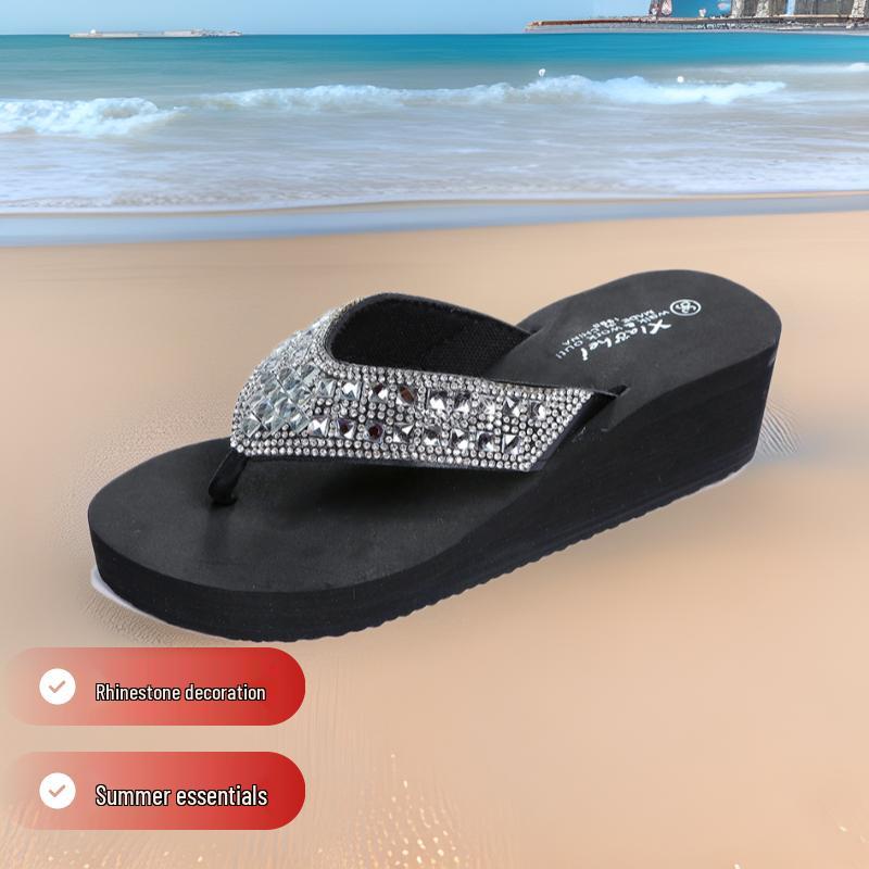 Women's Rhinestone Slide Sandals - Fashionable Summer Wedge Flip-Flops for Outdoor and Beach Wear