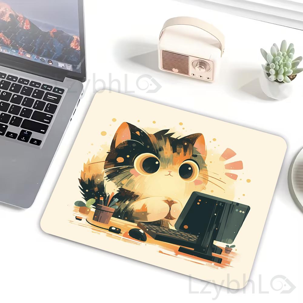 Cute Cat Illustration Mouse Pad Small Gamer Office Table Mats Computer Accessories Washable Non-slip Rubber Lock Edge Mousepad