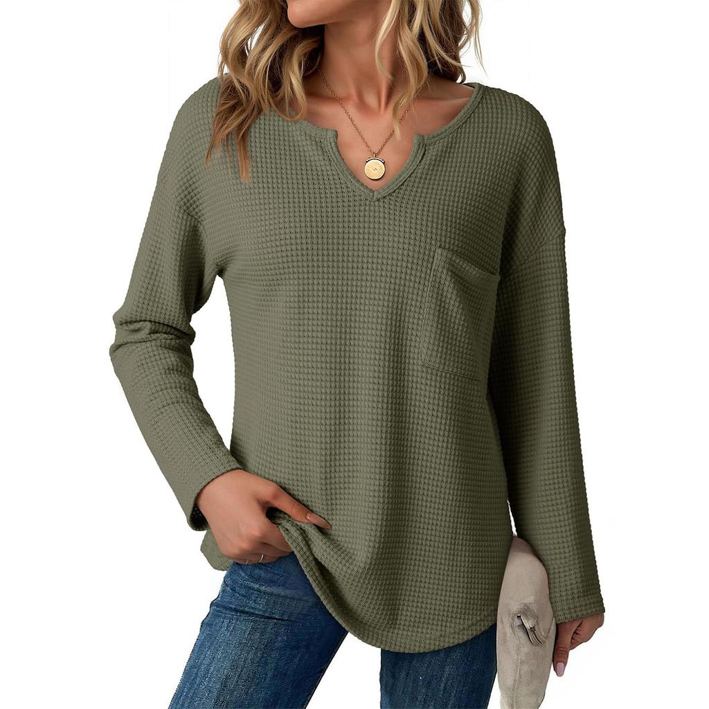 Women's Loose And Comfortable Solid Color Casual Fashion Long Sleeved V-neck Pocket Top