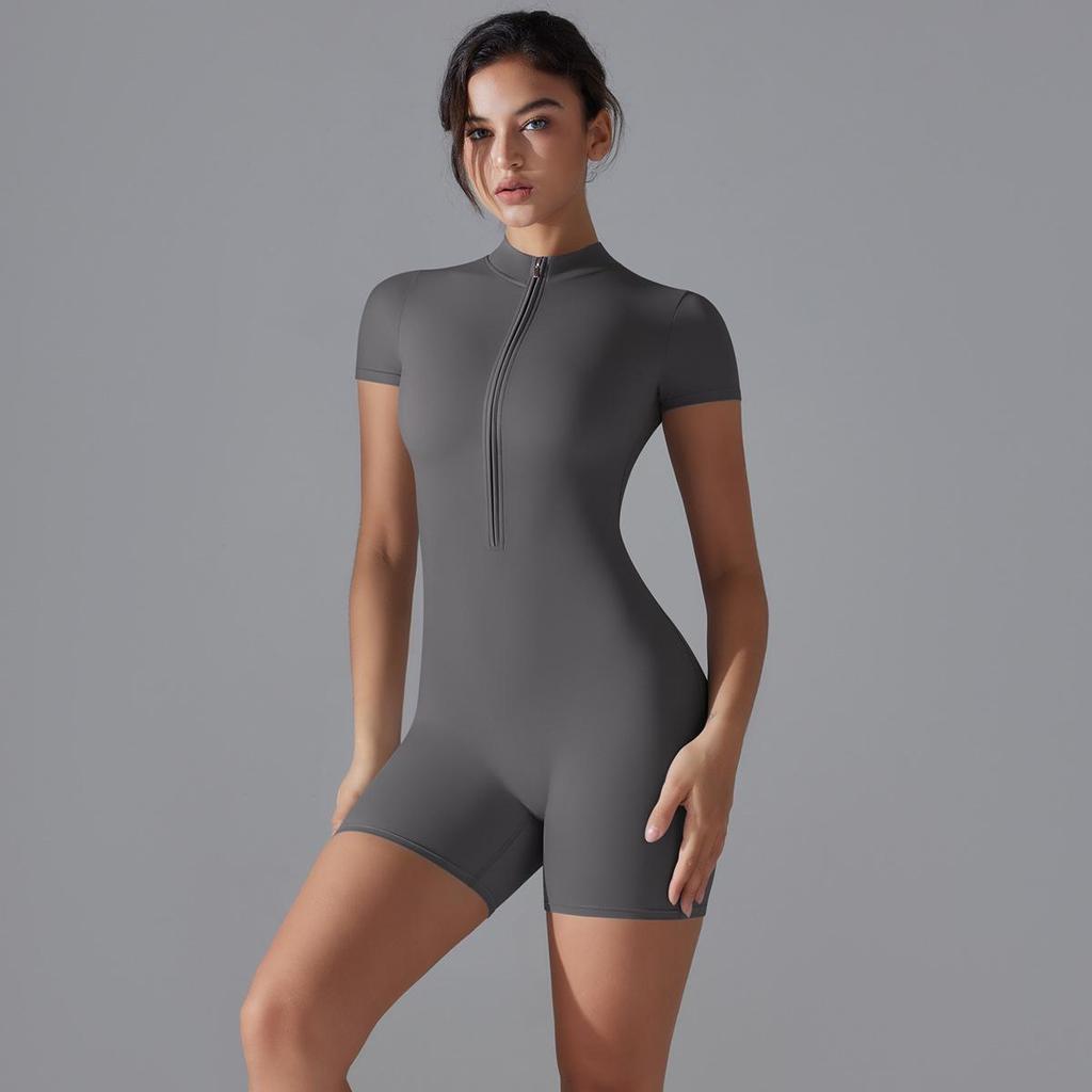 Nude Feel Stand-Up Collar One-Piece Yoga Bodysuit with Half-Zip & Short Sleeves