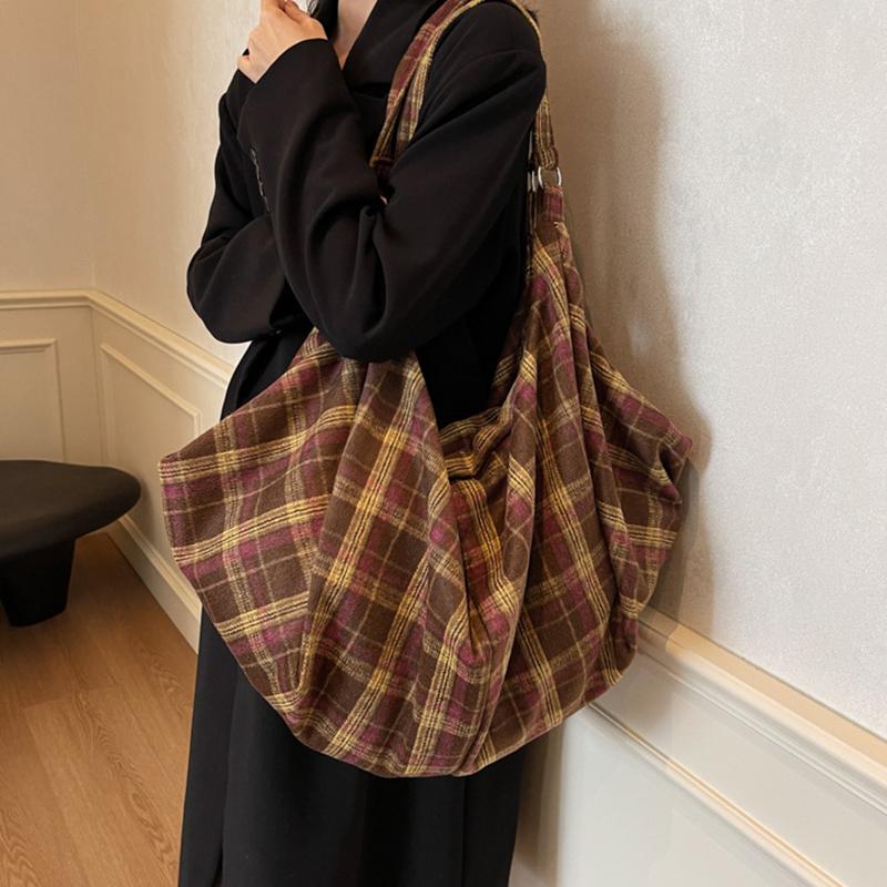 Chic Plaid Nylon Large Capacity Tote Bag Women Casual Top Handle Hobo Shoulder Shopper with Fixed Strap For Daily Work CLE