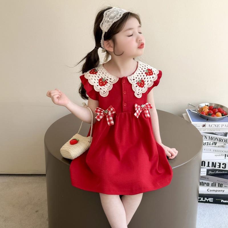 Mädchen Freizeitkleid Erdbeer-Häkelkragen Karomuster Flatterärmelkleid Niedliche Outfits Mädchen Vestidos