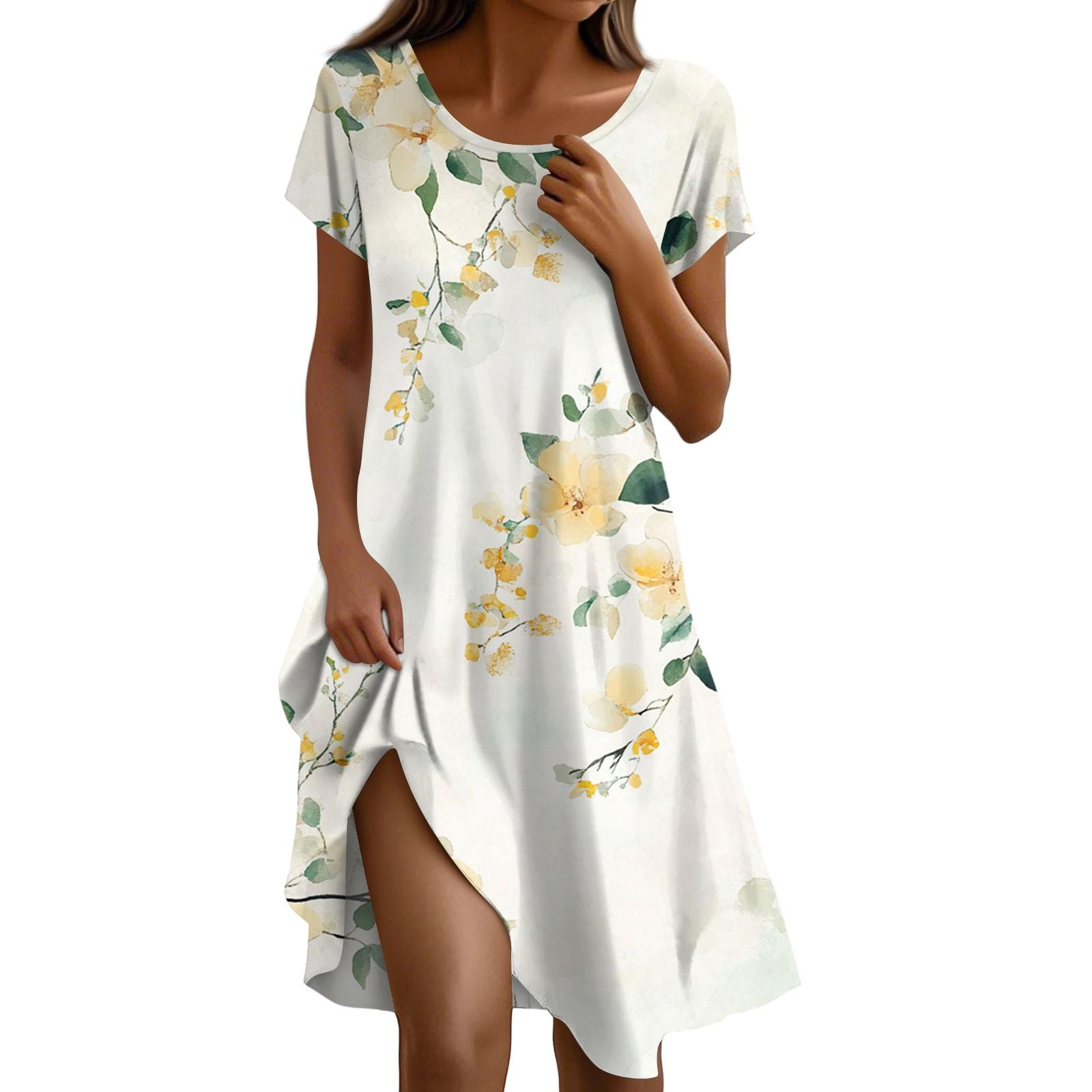 

Short Sleeve Boho Dress For Women Casual Loose Fit Summer Sundress Floral Print Dress With Pockets XL жовтий
