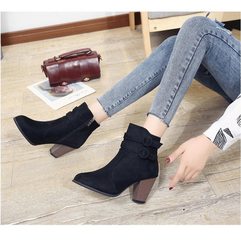 Fashion Thick High Heels Ankle Boots Women 2025 Pointed Toe Keep Warm Elegant Short Booties Side Zipper Boots for Woman Buckle Decor