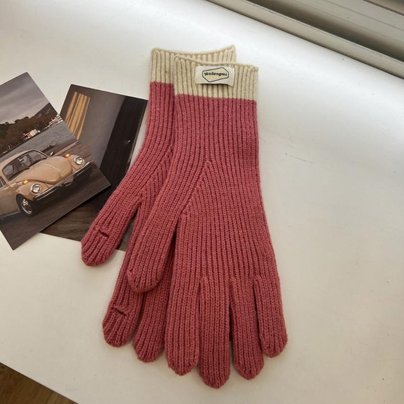 Womens Warm Knitted Full Finger Gloves Outdoor Riding Touchable Screen Colorblock Letters Label Decor Thermal Mittens