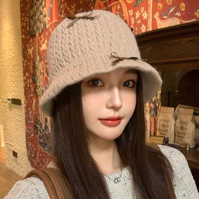 Chapeau de pêcheur tricoté avec un nœud doux et mignon, chapeau chaud épais décontracté polyvalent pour l'automne et l'hiver, chapeau coupe-vent pour le visage, petit chapeau bassine