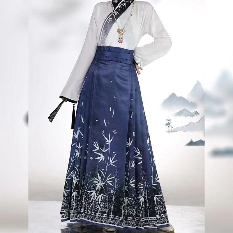 Spring Summer Prints Horse Face Skirt Modern Vintage Chinese Traditional Ming Style Hanfu Commuting Cool Female Dresses