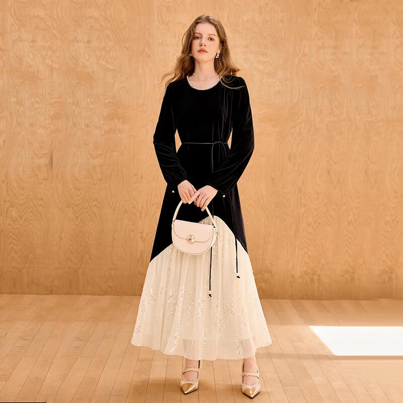 Elegant Velvet Contrast Patchwork Long Sleeve Dress