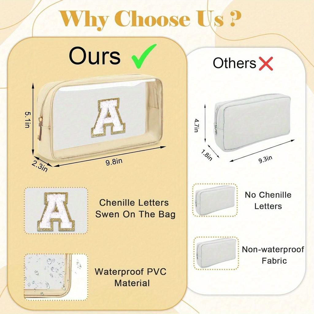 Small Clear Personalized Initial Letter Makeup Bag, A-Z Chenille Patch Preppy Nylon Cosmetic Bag With Zipper, TSA Approved