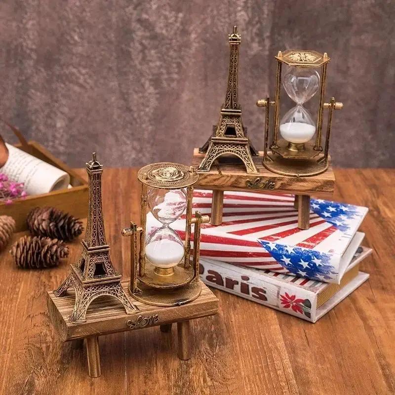 Creative Retro Iron Tower Hourglass Ornaments Simple Modern Home Study Wooden Pendulum Clock Hourglass Ornaments Home Supplies