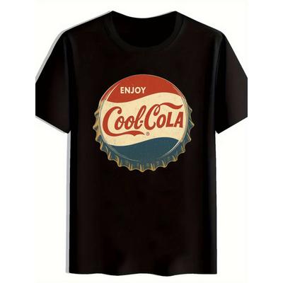 Men's Vintage Cool Cola T-Shirt - Retro "Enjoy Cool Cola" Print Crew Neck Tee, Black Casual Short Sleeve Shirt with Iconic Cola Design, Comfortable