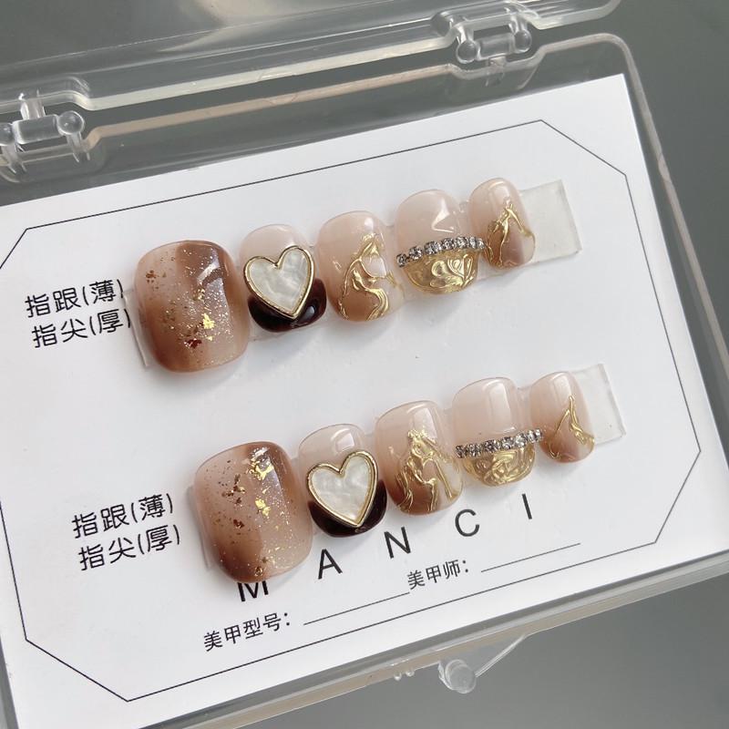 

Short Coffee Ombre Gold Foil Press-On Nails - Handmade Removable Nail Tips