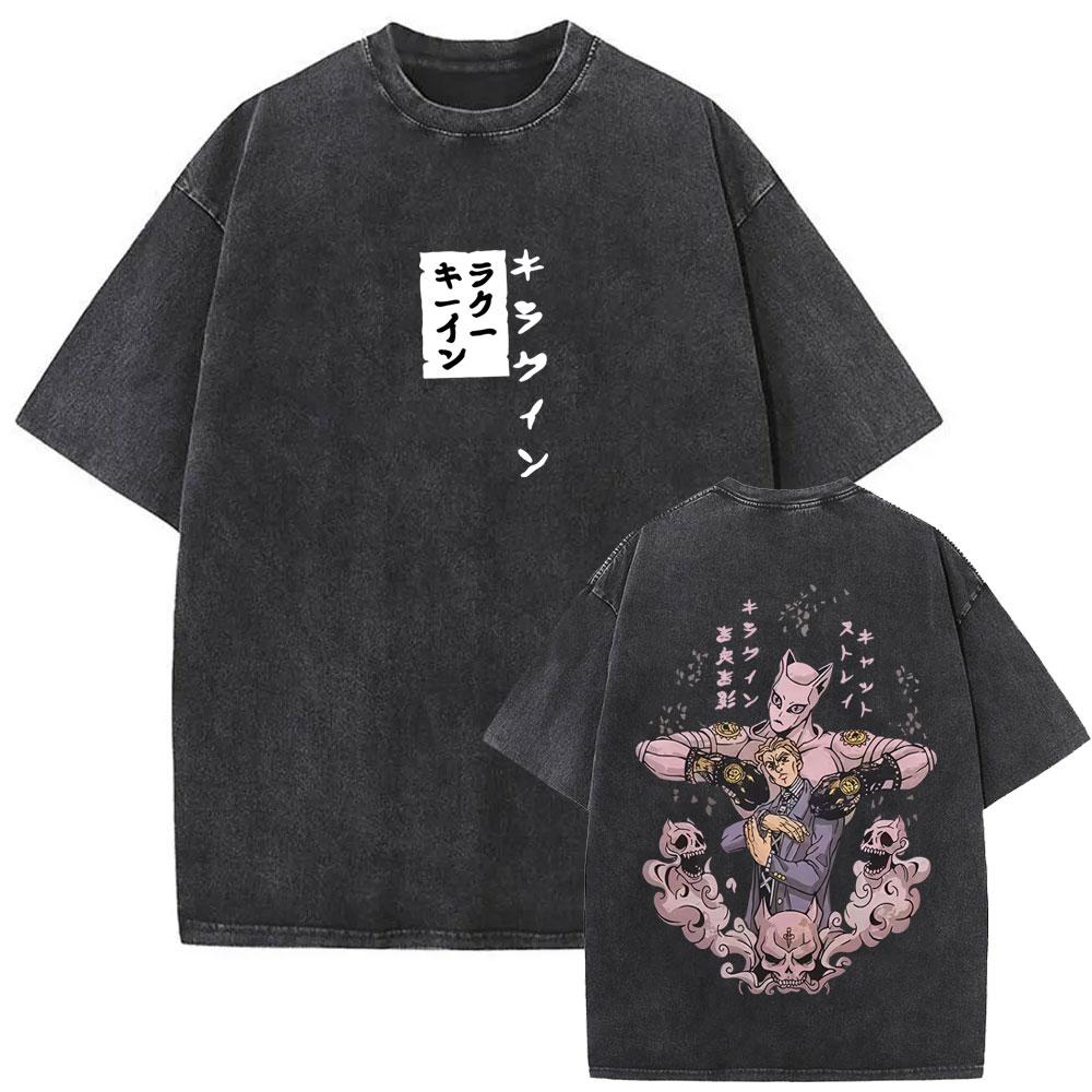 Anime JoJo's Bizarre Adventure Jolyne Washed Vintage T-shirt Summer Men Women Manga Casual Cotton Crewneck Short Sleeve T Shirt