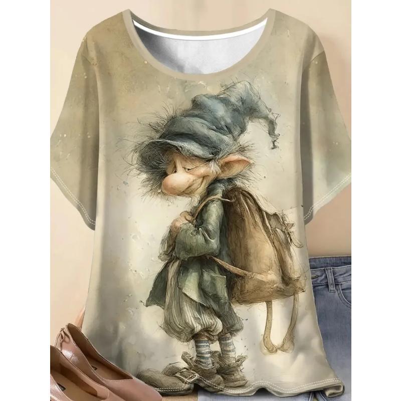 Fashion Women's Crew Neck T-Shirt 3D Color Printing Simple Crew Neck Short Sleeve Loose