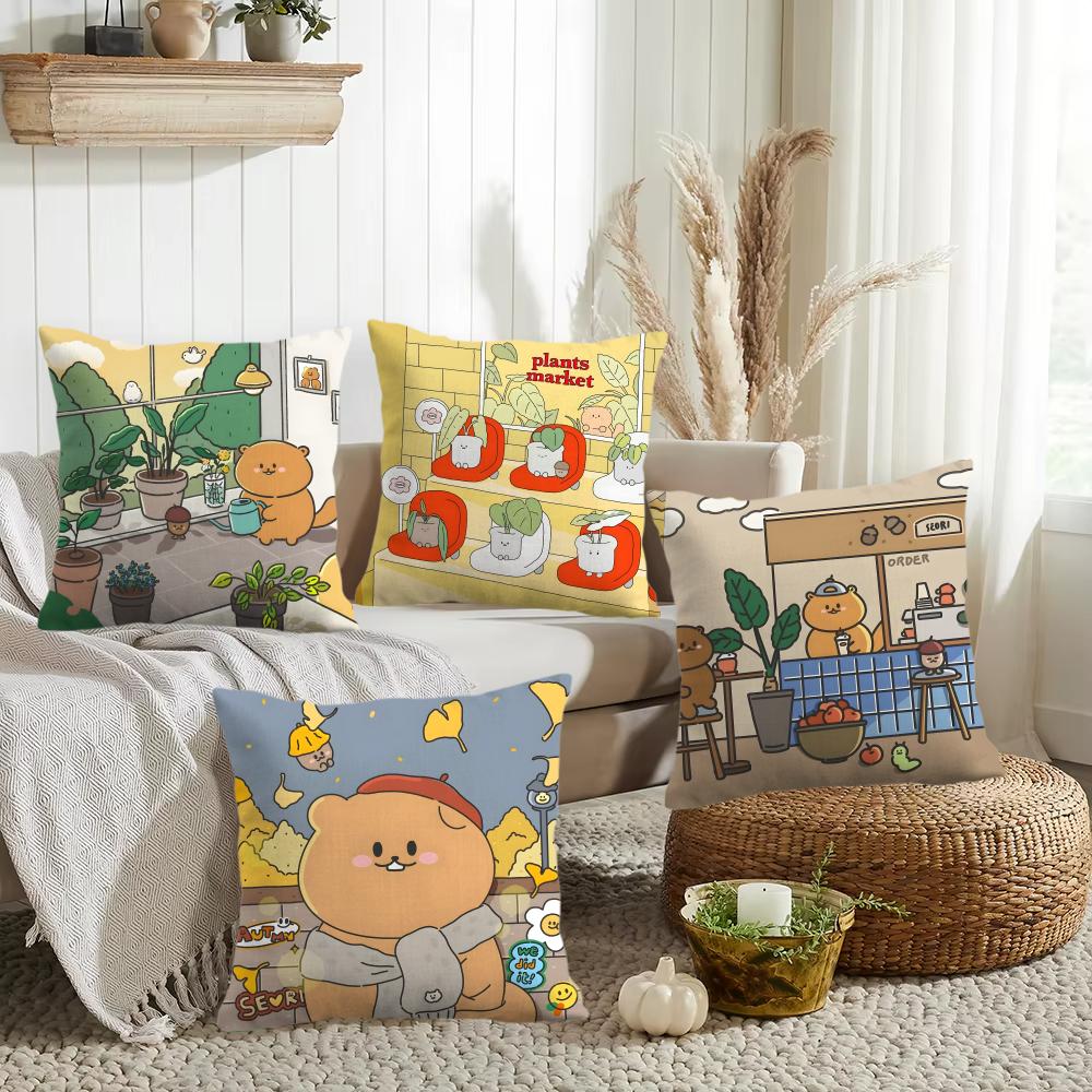Cartoon Cute Bear Cushion Cover Silky Short Plush Invisible Zipper Dustproof Sofa Pillow Case for Home Decor